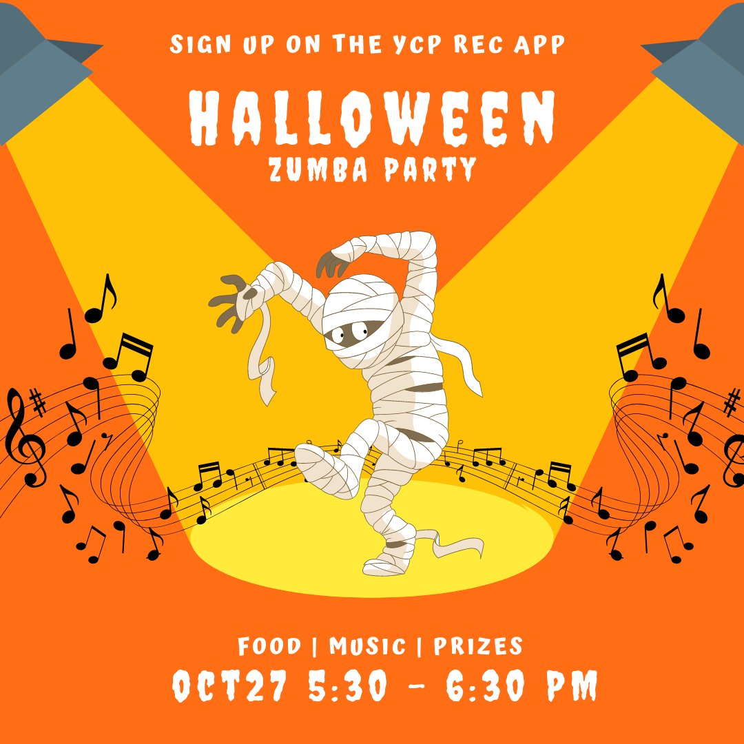 Halloween Zumba Party - Same fun, but with a halloween flare! Wear a costume or just come dressed to dance! Food, prizes and fun! Thursday, October 27, 5:30-6:30pm in the Grumbacher.

Sign up on the YCP Rec App!