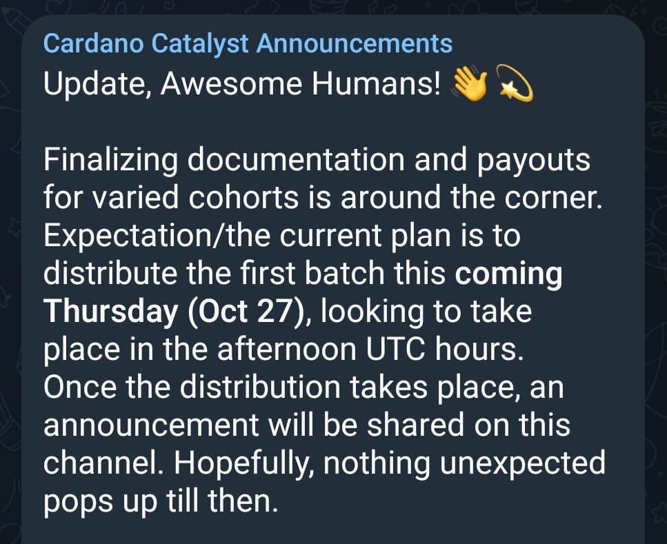 CatalystTicker's tweet photo. ANNOUNCEMENT regarding #REWARDS in #ProjectCatalyst #Fund9 📣
Summary: Most of the Rewards are on their way, planned to be distributed on Oct 27 - Voting Rewards are changing process, which delays them!
🧵👇
#Cardano $ada #Catalyst #Innovation #Engine #Blockchain #Technology https://t.co/YNdYreeuJF