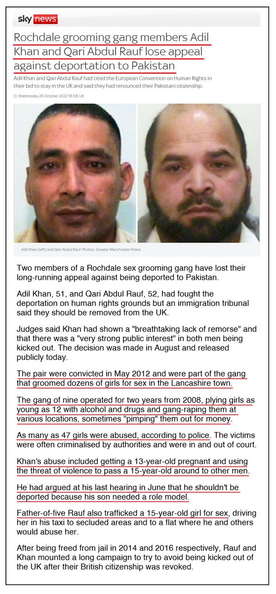 Grooming gang members Adil Khan and Qari Abdul Rauf, from Rochdale, UK, who were part of a gang of nine men that abused as many as 47 girls (some as young as 12) after plying them with alcohol and drugs, lose appeal against deportation to Pakistan!!