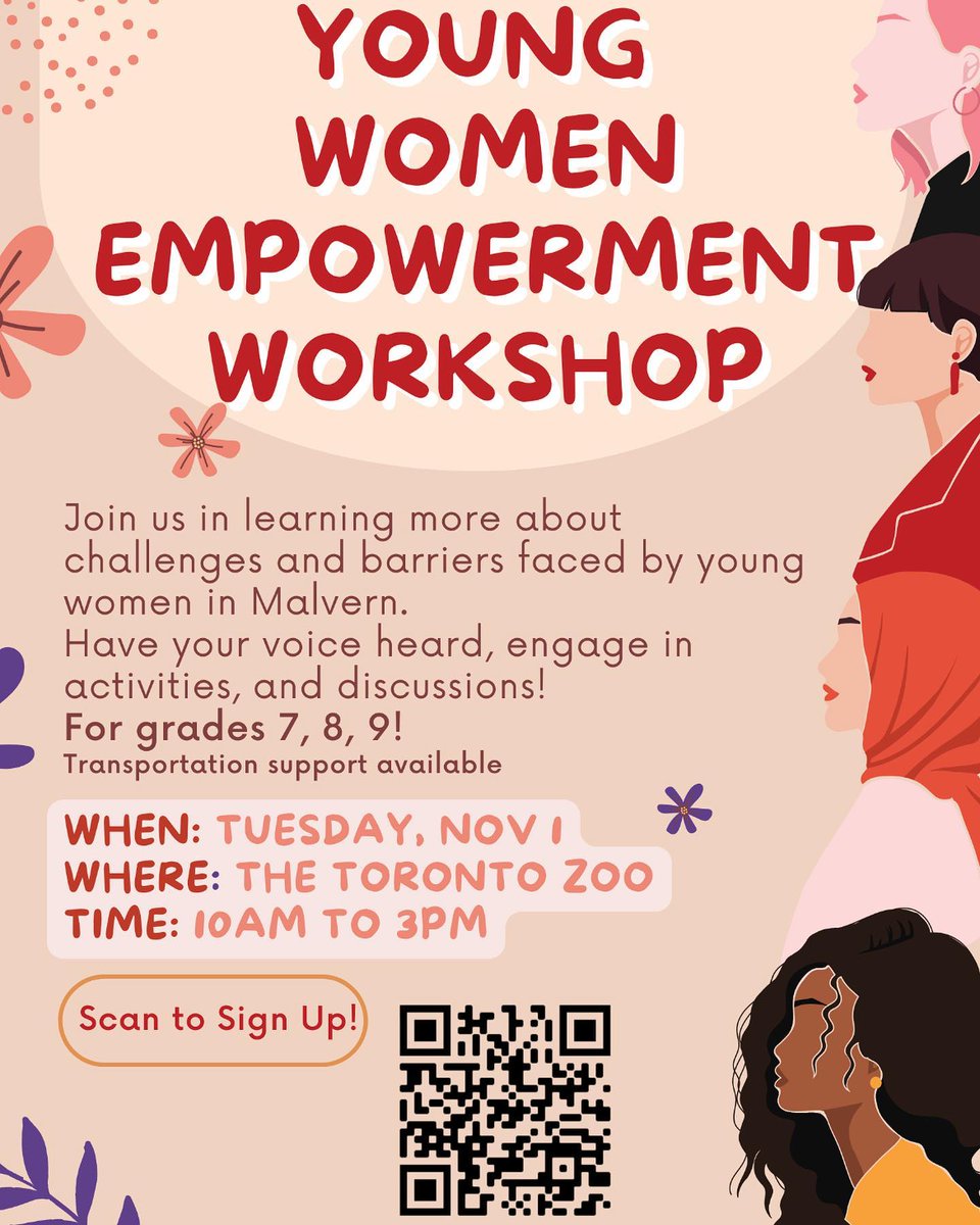 NCFST's tweet photo. Young Women Empowerment Workshop โ๐ฝ
Hosted by Malvern Community Partners
Transportation provided ๐
Scan the QR Code to sign up ๐
#IndigenousCommunity
#IndigenousToronto
#NCFST
#SCFLC https://t.co/JaPMCGn2GO