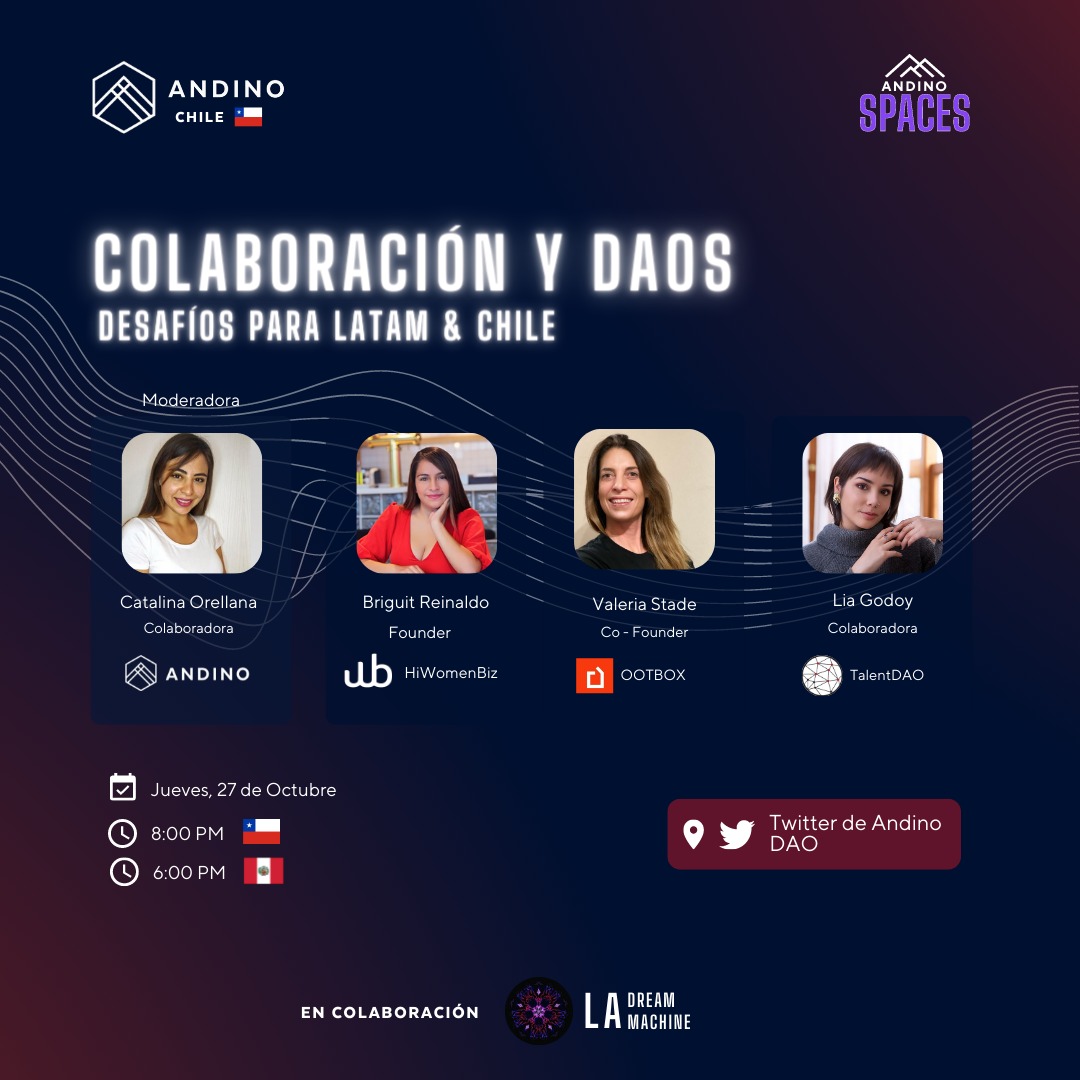 andino_labs's tweet photo. #AndinoChile ⛰️🇨🇱 Nuestro primer spaces junto a @Dmlab_   

Colaboración y DAOs : Desafíos para LATAM y Chile junto a nuestras invitadas @Cata__thegreat @LiaGodoyF @criptomommy @vale_stade 

Nos vemos mañana, 06:00 PM 🇵🇪/ 08:00 PM 🇨🇱

Link del space 👇
https://t.co/4gzwfga2Pj https://t.co/81IiqW2OWy