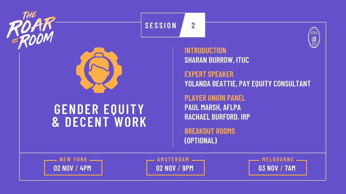 📣The #RoarRoom is back next week w/ a new session on #GenderEquity & #DecentWork👏 We're thrilled to have labor & gender equity giants @SharanBurrow, #YolandaBeattie, @Marsh_Paul & @RachaelBurf12 leading the conversation⬇️ Affiliates can contact #WorldPlayers to register📌