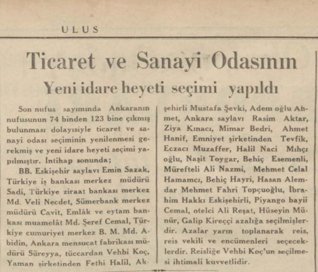 #arşivdenbirküpür 1936 yılı Ulus Gazetesi'nden bir haber... #Ankara Ticaret ve Sanayi Odası'nın yeni idare heyeti seçimi yapıldı. 'Azalar yarın toplanarak reis, reis vekili ve encümenleri seçecektir. Reisliğe Vehbi Koç'un seçilmesi ihtimali kuvvetlidir.'