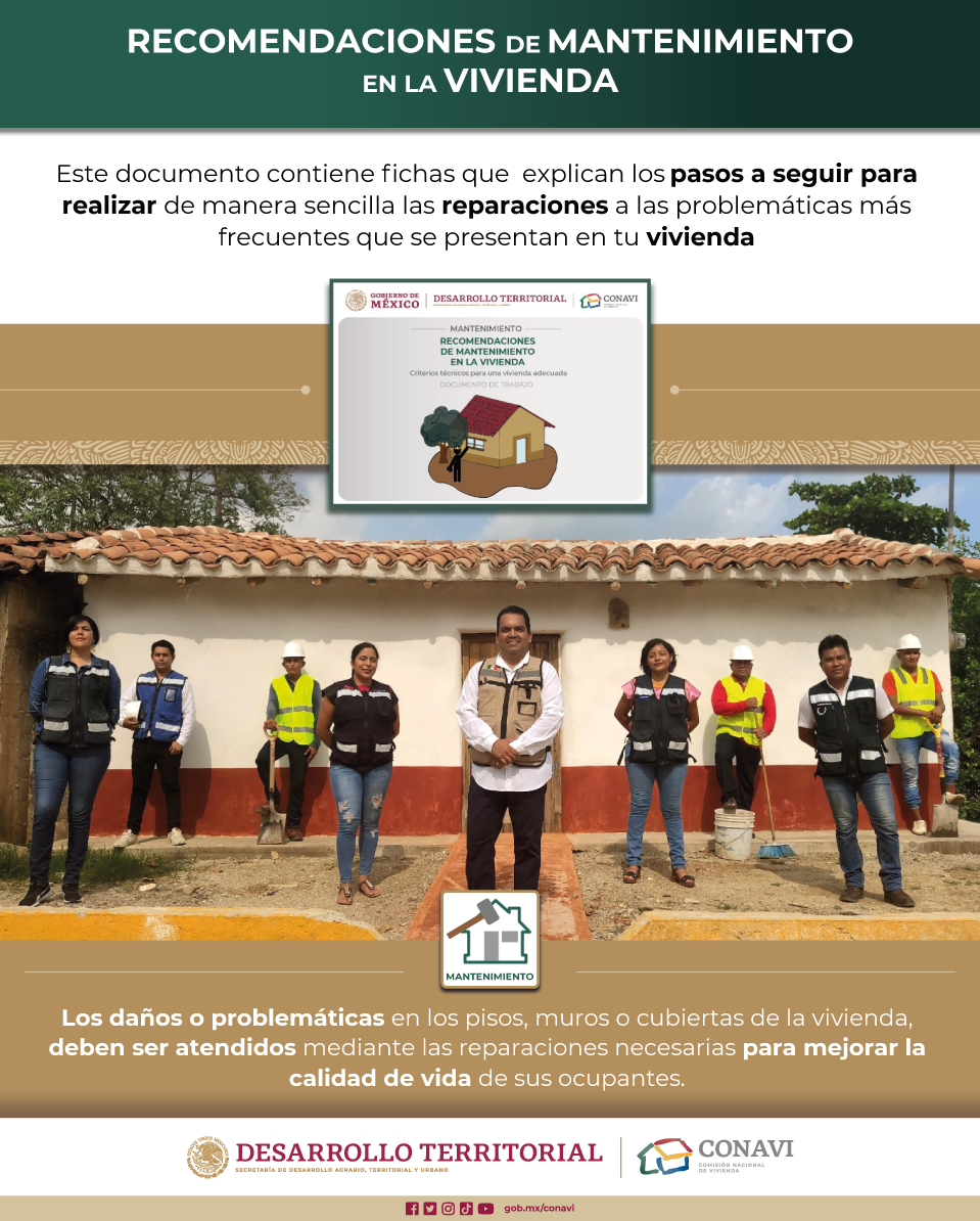 Conavi_mx's tweet photo. Checa los pasos a seguir para que puedas hacer el mantenimiento correcto de tu #ViviendaAdecuada. 

 👉 https://t.co/erlDqon4DD

Todos los documentos 👇🏼
https://t.co/J0lQD8B4Hn https://t.co/Efju8i05fZ