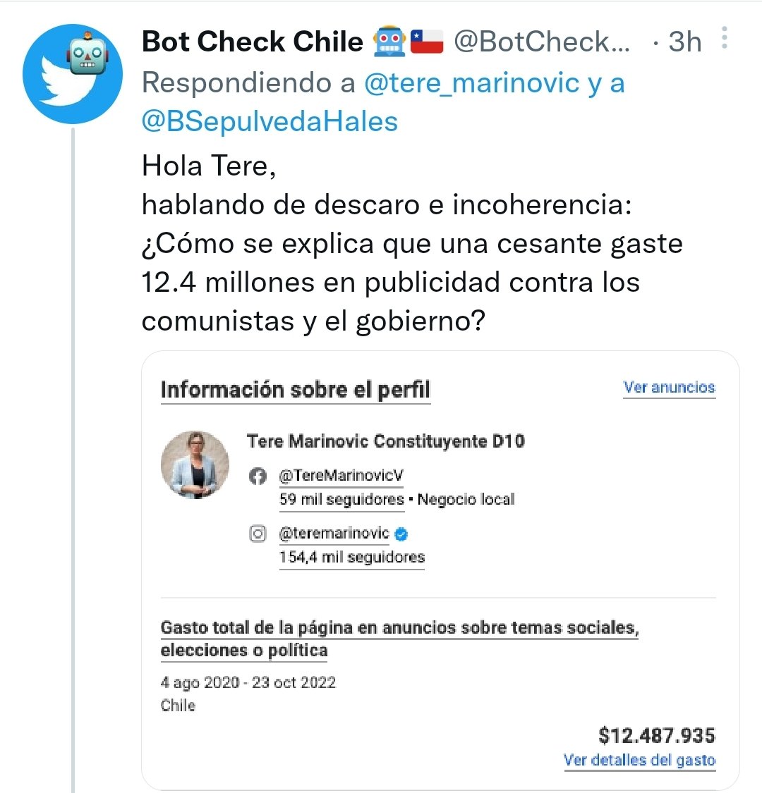 ¿Vieron este hilo? La gran Bárbara Sepúlveda estaba repasando al 'austero' Gonzalo de la Carrrera, cuando Tere Marinovic fue a prestarle ropa, ahí aparecio Bot Check y le lanzó algo que todos nos preguntamos ¿cómo una cesante gasta 12 millones en publicidad contra el gobierno?