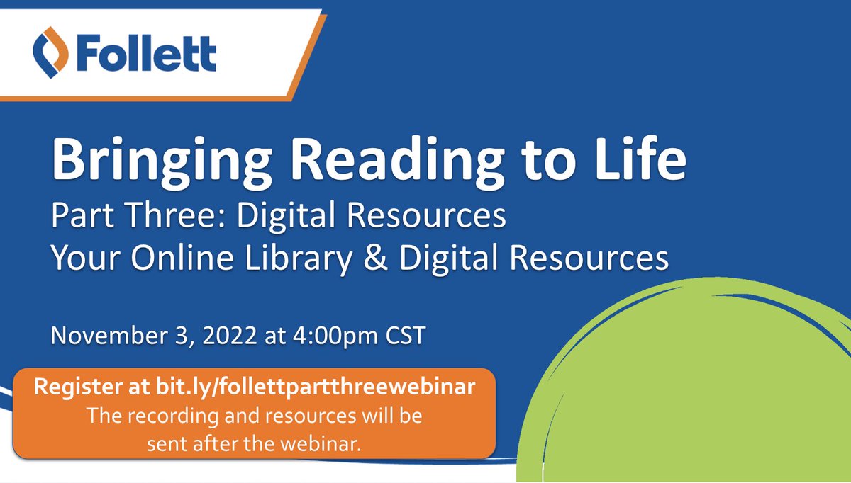 Join me next week for Part 3 of my @FollettLearning webinar series, Bringing Reading To Life. 📚 We will focus on digital resources & building your online library. 🖥️ Register here...recording sent after too. buff.ly/3f3NFeZ #tlchat #futurereadylibs #edchat