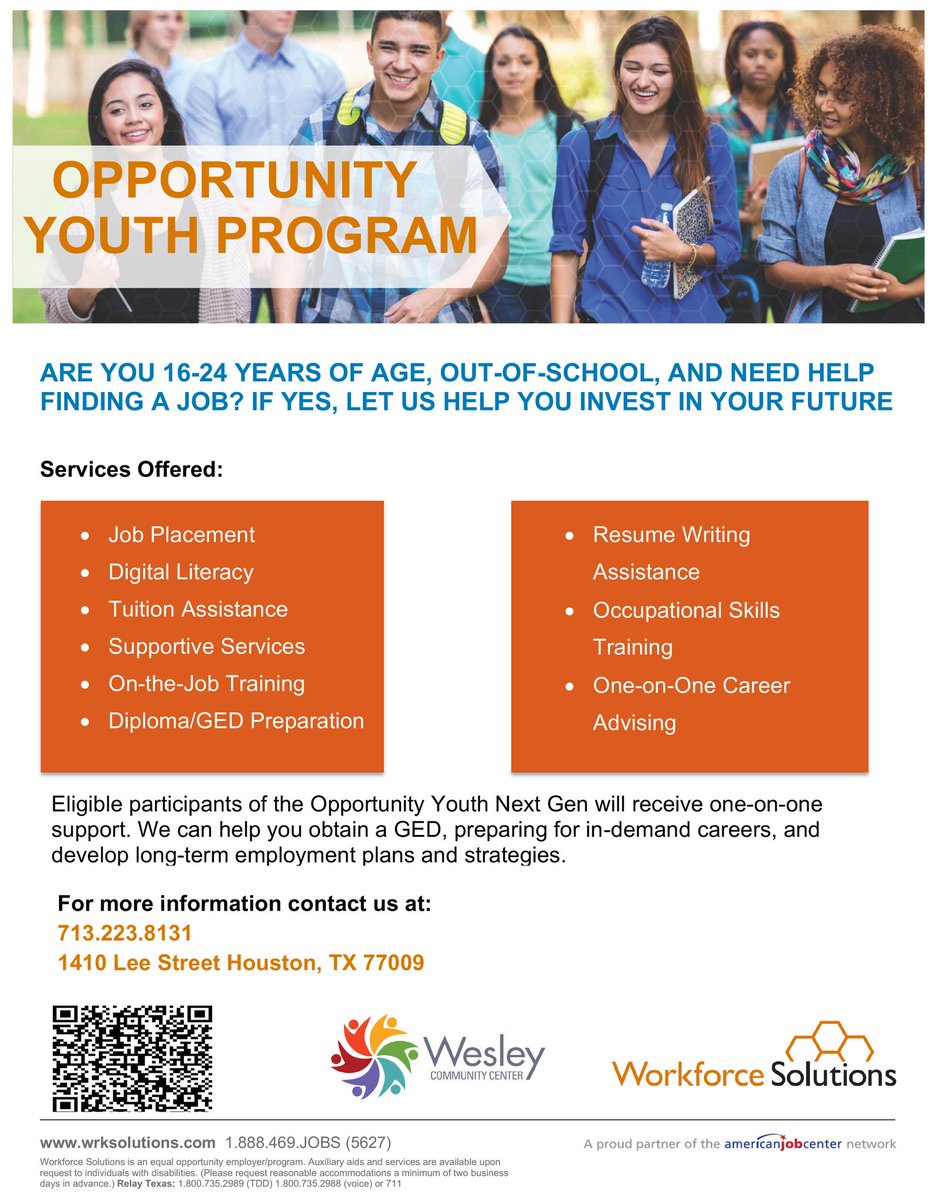 Are you 16-24 years of age, out-of-school, & need help finding a job? If yes, let us help you invest in your future. For more information contact us at: 713.223.8131 #WesleyEmpowers #GED #CareerPrep #InvestInYou