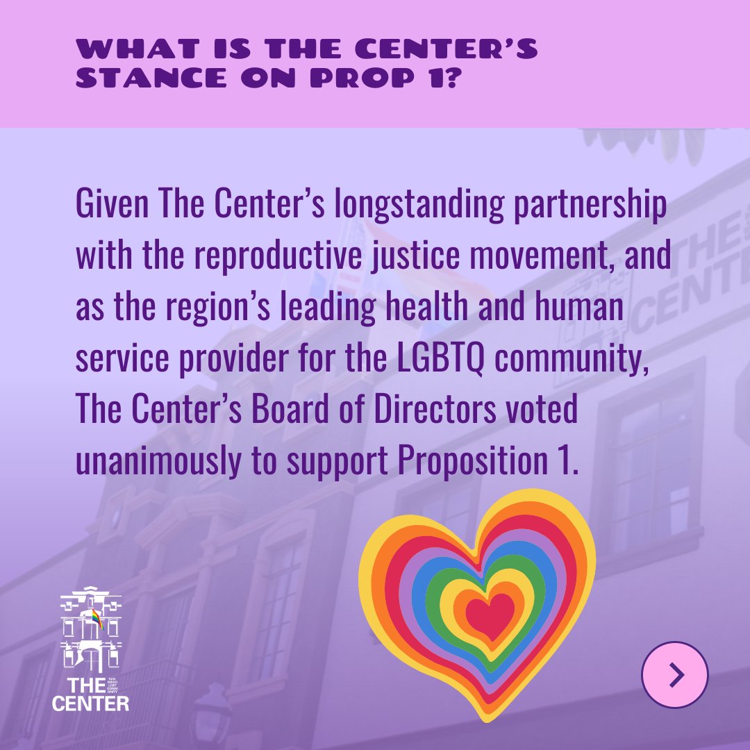 🗳️ 👍 Given The Center’s longstanding partnership with the reproductive justice movement, &amp; as the region’s leading health &amp; human service provider for the LGBTQ community, our Board of Directors voted unanimously to support Proposition 1.

🔗 Learn more: thecentersd.org/vote