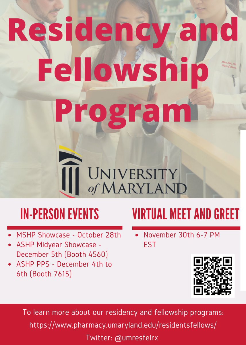 Interested in one of our residency or fellowship programs? We would love to meet with you! Check out one of our upcoming recruitment events. Register here: umaryland.az1.qualtrics.com/jfe/form/SV_06… #pharmres #TwitteRx