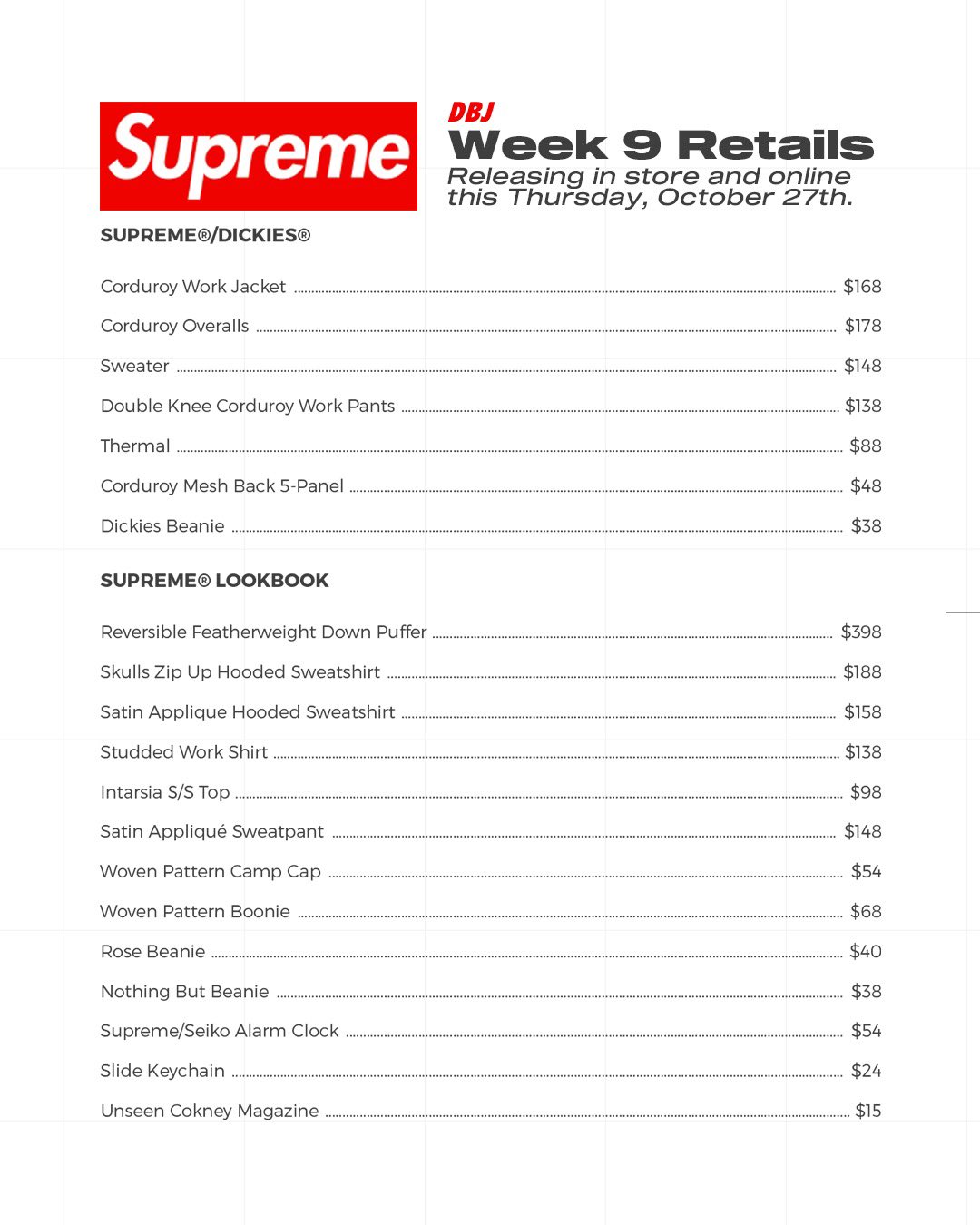 DropsByJay on X: "Supreme Week 9 Guide Here are the retail prices