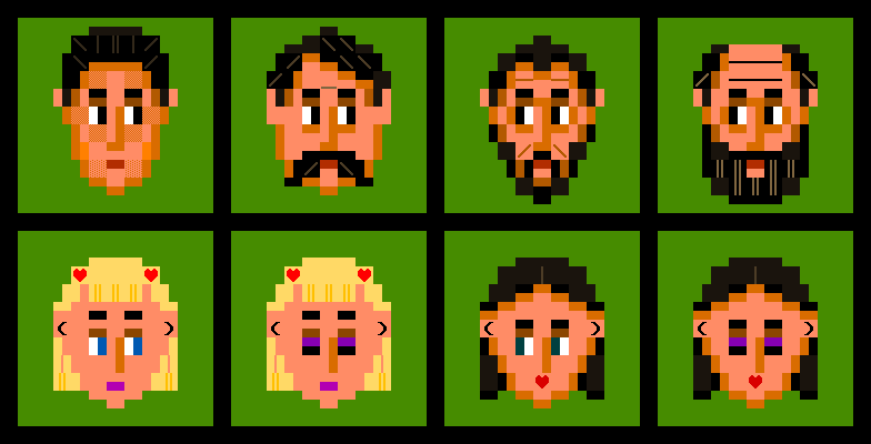 #asciicker slowly gains the ability to talk to the NPCs.  Here are some avatars to include in the dialog interface. Every face has just 7×10 character cells!