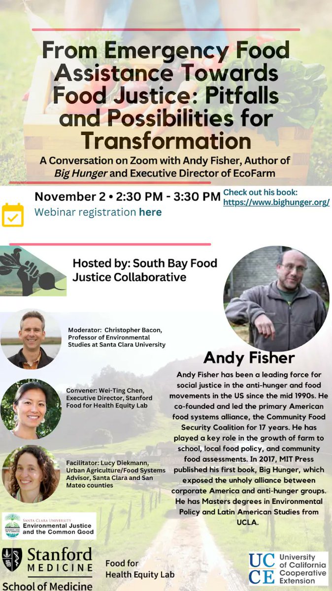 From Emergency Food Assistance toward Food Justice: A Conversation with Andy Fisher. Weds Nov 2, 2:30-3:30pm PDT on Zoom. #foodjustice #foodsecurity 
Register at bit.ly/3D36SoT