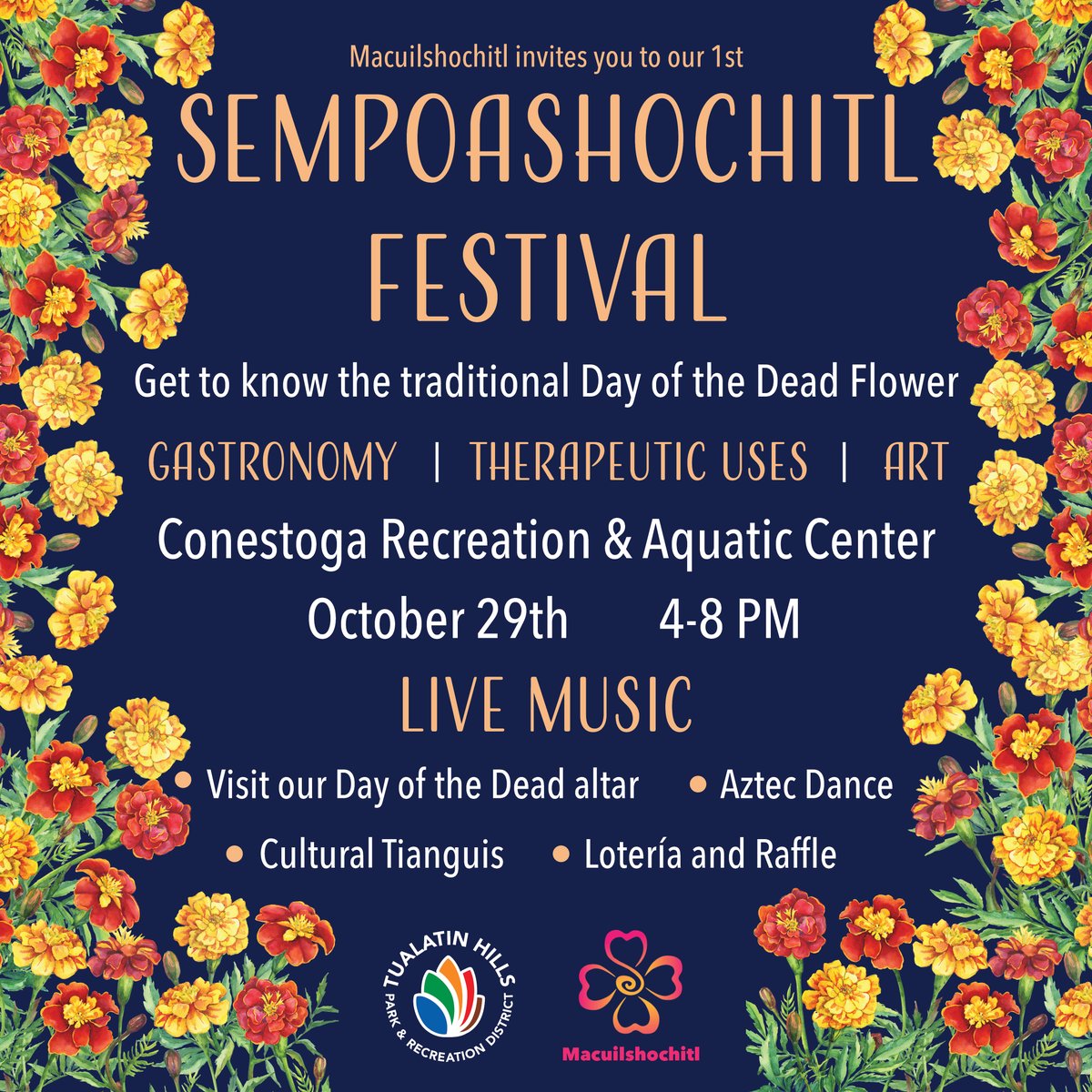 Macuishochitl les invita al 1er Festival del Sempoashochitl. ¡Conoce nuestra tradicional flor de muertos! 

Macuilshochitl invites the community to the first Sempoashochitl (pronounced zen-paw-su-chill) Festival at THPRD.

buff.ly/3DCaOyc