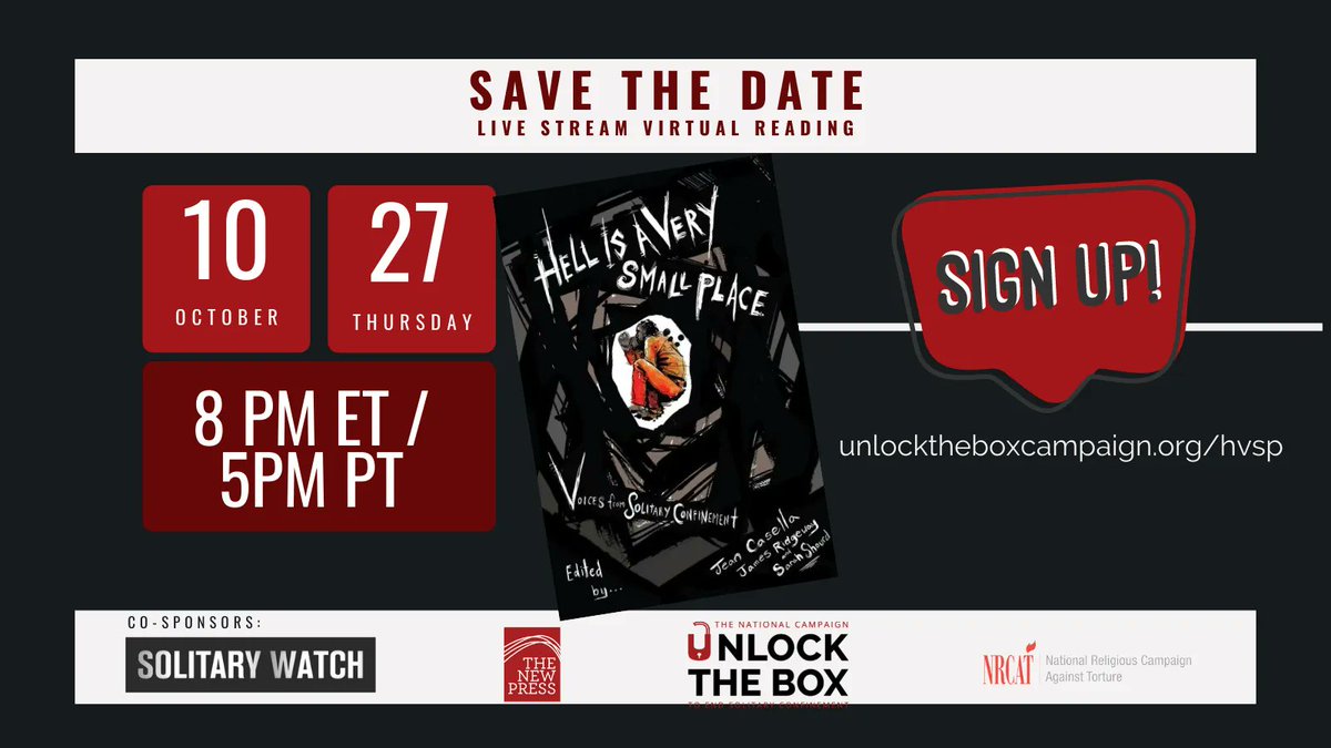 NotInIsolation's tweet photo. LIVE TOMORROW: 
Join our podcast's co-creator, youth advocate Swey Pineda, in the Virtual Reading of excerpts of #HellIsAVerySmallPlace from voices who have survived #SolitaryConfinement.

SIGN UP NOW:
https://t.co/qbedYRZvpC @stopsolitary @UnlockTheBoxNow https://t.co/foJ26RxQc9