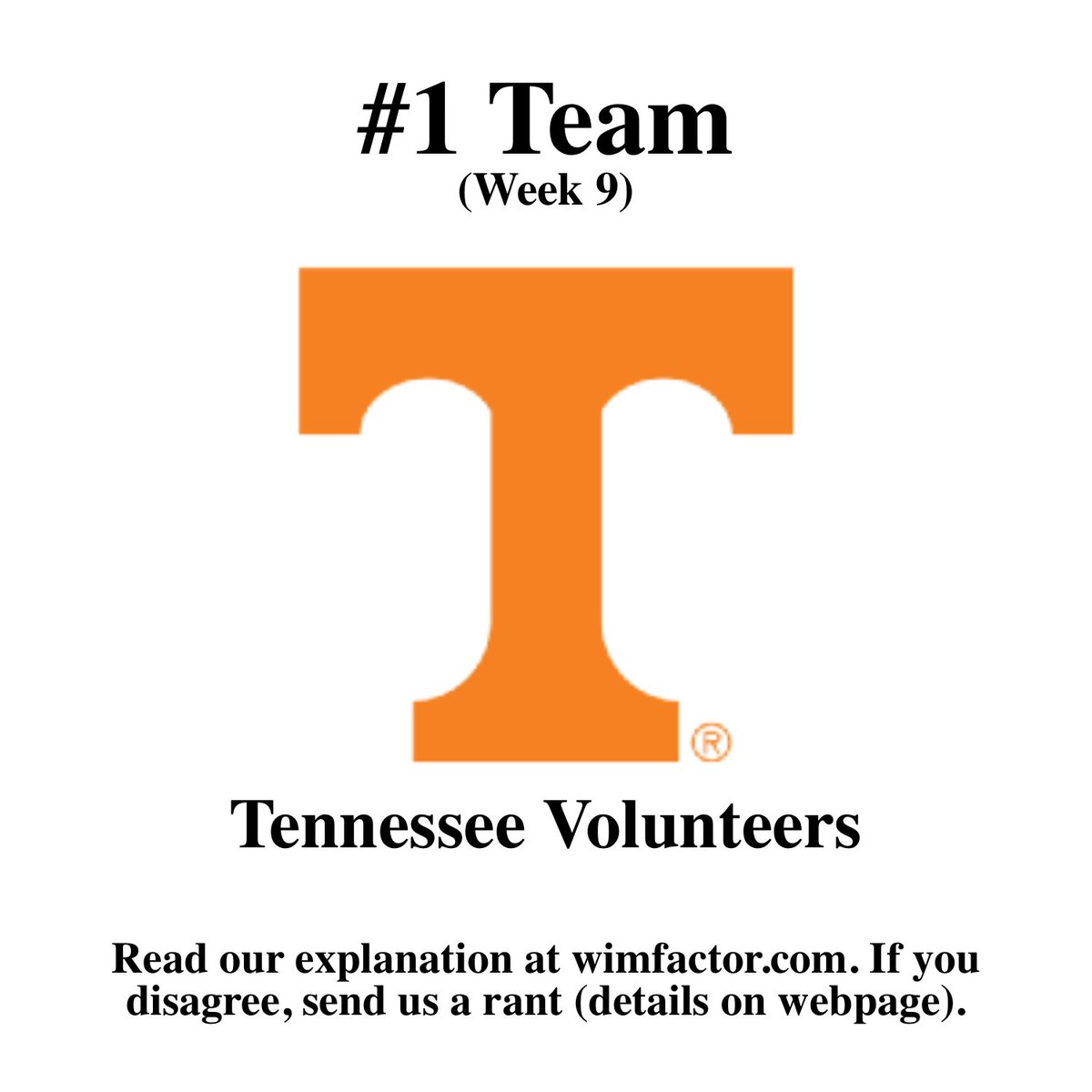 WimFactor's tweet photo. We’ve now had #Tennessee at no. 1  for three weeks in a row. But Tennessee has another test this week (#Kentucky) and a big one next week (#Georgia). Can they maintain their position?  #CollegeFootball https://t.co/UOzRkLely4