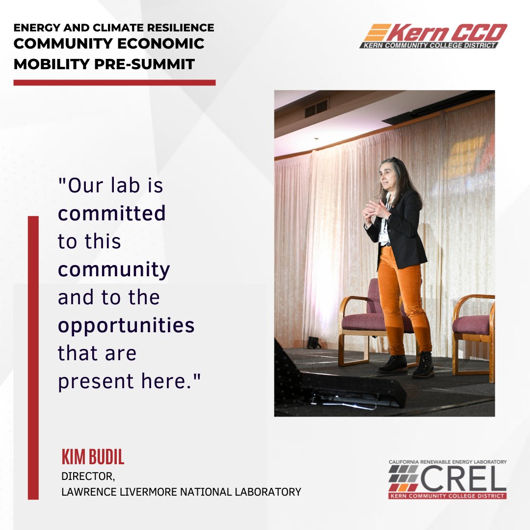 Kim Budil of @Livermore_Lab speaks about LLNL's partnership with @KernCCD and local education, workforce development, and our shared work focused on energy and climate. #economicmobility #energyresilience #climateresilience #KernCCD