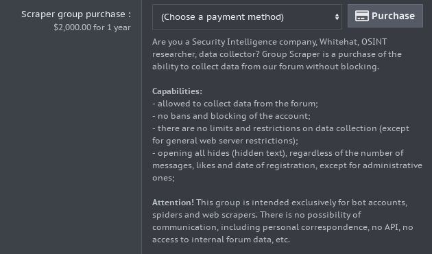 vxunderground's tweet photo. The staff of XSS appear to be mildly frustrated with Threat Intelligence companies scraping their forum.

They are now allowing companies the ability to scrape the forum for an annual fee of $2,000. https://t.co/pFfKHxLnFR