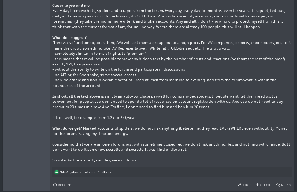 vxunderground's tweet photo. The staff of XSS appear to be mildly frustrated with Threat Intelligence companies scraping their forum.

They are now allowing companies the ability to scrape the forum for an annual fee of $2,000. https://t.co/pFfKHxLnFR