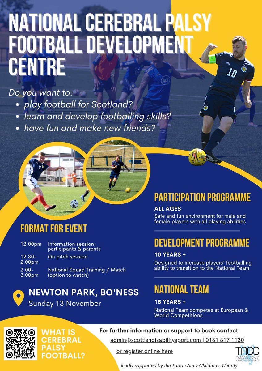 If you love playing football and have cerebral palsy or know someone who would be interested please share this Scottish event @Cerebral_Palsy @CpScotland @ScottishNT @ScottishFA @TartanArmyGroup @ForthValleyDS #CerebralPalsy #disabilitysport @NHSForthValley #football