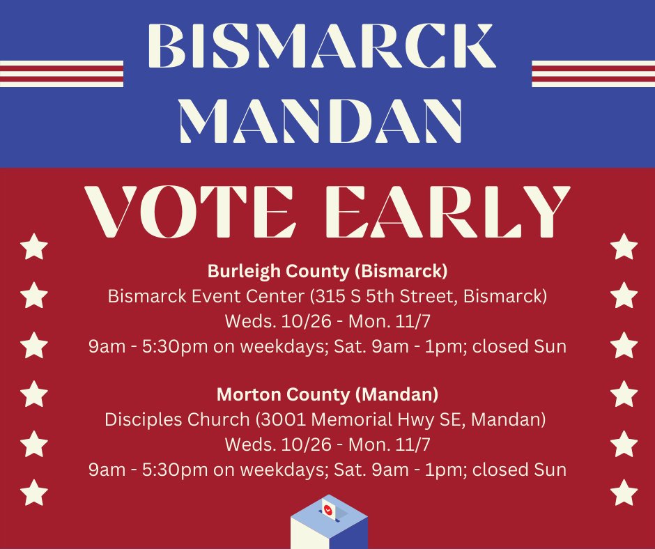 NewApproachND's tweet photo. Starting today! BisMan early voting has begun. Spread the word and vote #Yeson2!

Check out the other early voting locations opening up next week here: https://t.co/YHkDwm8Bms https://t.co/1O864qdC2m