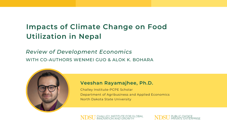 NDSUpcpe's tweet photo. Dr. Veeshan Rayamajhee and his co-authors published new research in the journal Review of Development Economics titled "Impacts of Climate Change on Food Utilization in Nepal."

📖 https://t.co/zpg1GHjtts https://t.co/dgWTx2rFRl