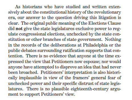 tomTMwolf's tweet photo. 10 of the foremost historians of the founding era have come out against the so-called "independent state legislature theory" in their new amicus filing in Moore v. Harper #ISLTamici @JRakove @rzhist @jbf1755 @TheGNapp @AlexKeyssar

Brief: https://t.co/iK8PYgF1oV

Key Quote: https://t.co/5RpIjqoULq