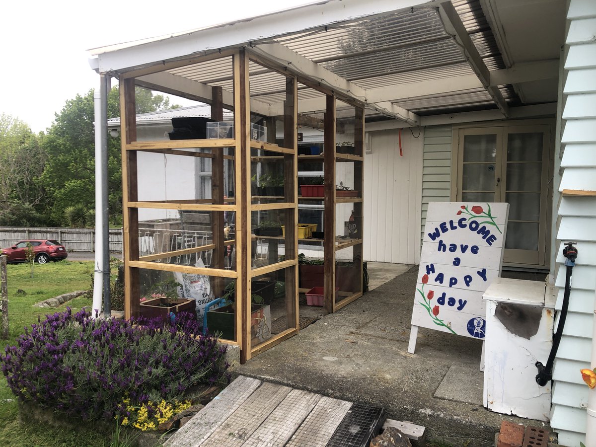 Home4Allnz's tweet photo. The newest development at Home4All is our miniature greenhouse at the entrance of our house. It has been made by our clever volunteers. We propagate Tomato's, cucumbers, marrows, etc for sale. Please let us know if you would like to buy some. https://t.co/rvtimlV3jS
