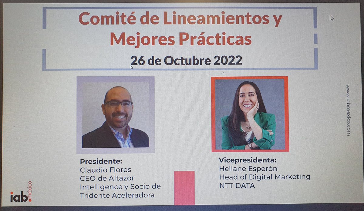 ClaudioFloresT's tweet photo. Ya estamos en sesión del Comité de Lineamientos y Mejores Prácticas de @IABMexico. Hoy dejo la presidencia y es ratificada como nueva Presidenta una gran profesional del marketing digital y VP del Comité en estos dos años: @Heliane_ES. Felicitaciones y éxito querida Heli!!! 😁👍 https://t.co/zbHIafyxjE
