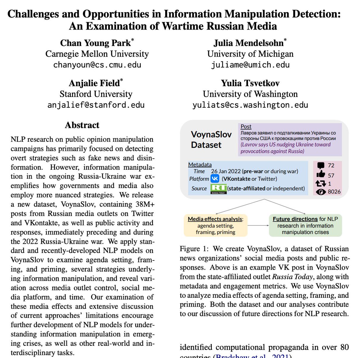 Our #EMNLP Findings paper is out! We release data of Russian media activity on Twitter & VK, analyze framing, priming, and agenda-setting, and highlight challenges in detecting info manipulation in ongoing crises. w/ @chan_young_park @anjalie_f @tsvetshop arxiv.org/abs/2205.12382