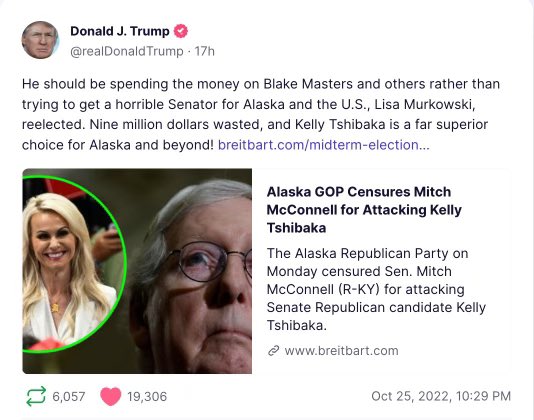 President Trump is right! Why is Mitch McConnell spending millions of dollars trying to save RINO Lisa Murkowski instead of trying to flip Arizona and New Hampshire? Republican voters deserve better!