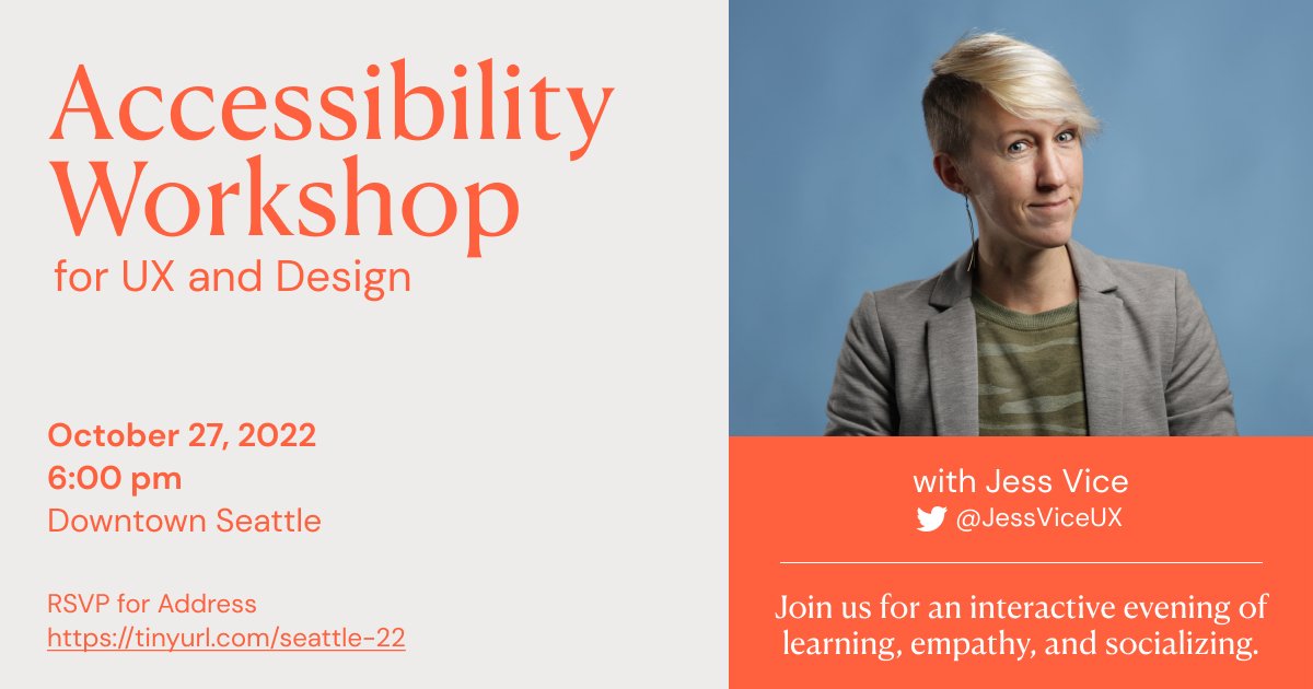 Also, if you're local in #Seattle and would like to learn more about #UX, #accessibility, and #design - we're hosting a free, hands-on workshop tomorrow night. RSVP for the address and more details! tinyurl.com/seattle-22 Note: more casual than that photo...😅