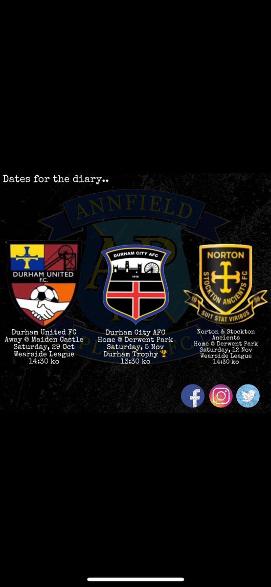 Dates for the diary | Our next 3 fixtures!
#UTP
@UnitedDurham 
@DurhamCity_AFC 
@NortonFirst