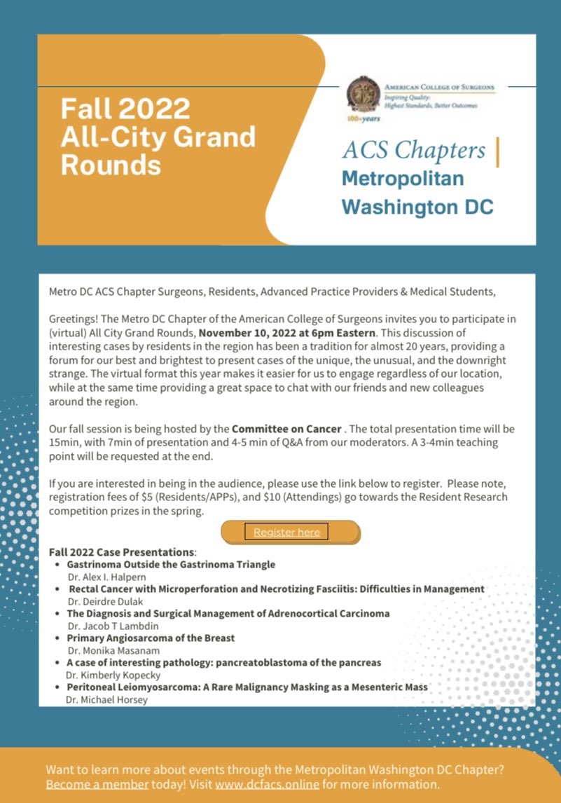 Surgery friends! Join us for @MetroDCACS (virtual) All City grand rounds on November 10th at 6pm EST. Register up here: form.jotform.com/222225113309140