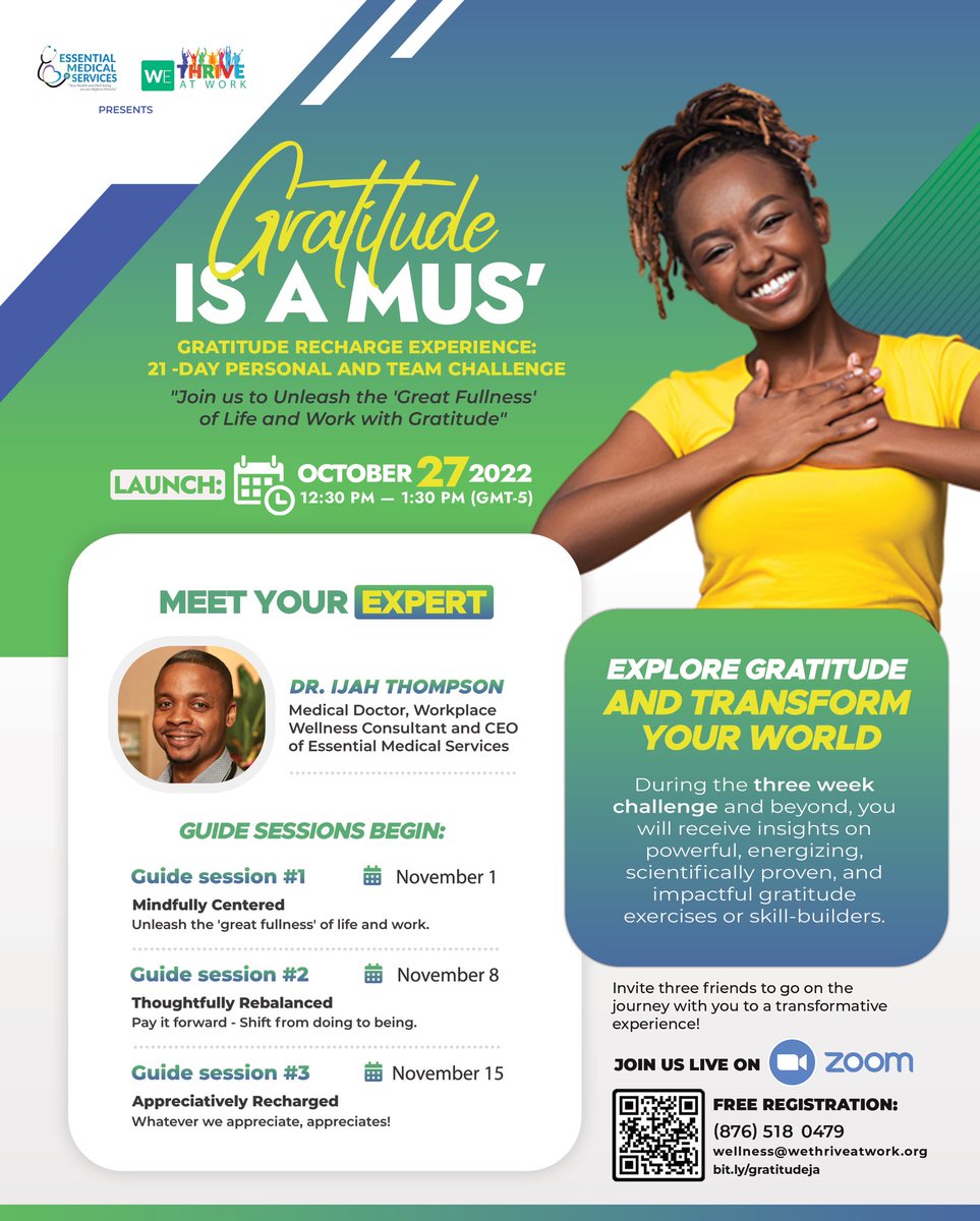 EMS' Thrive At Work team invites you to join the launch of our 2022 Gratitude Recharge Experience (with a 21-Day Challenge)!

🗓️Thursday, October 27, via Zoom

⏰ 12:30 PM - 1:30 PM (GMT-5)

🔗 REGISTER NOW at bit.ly/gratitudeja

#GratitudeIsAMus
#GratitudeRechargeExperience