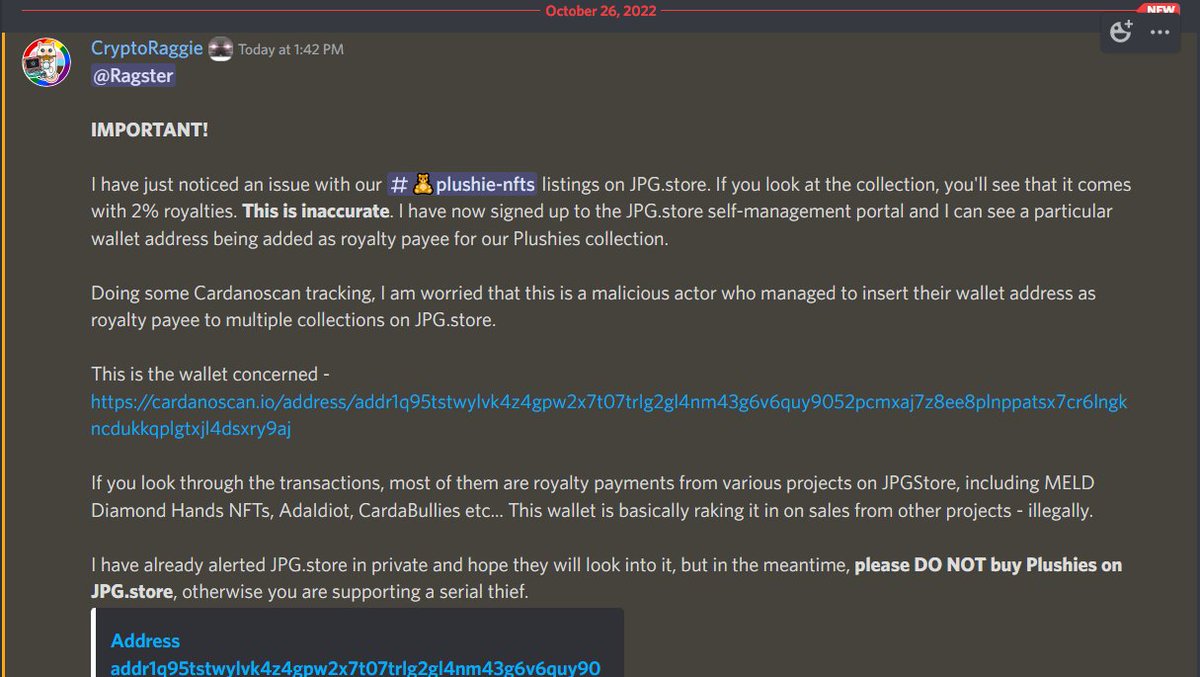 itse46's tweet image. CryptoRaggies doesnt takes any royalties. CAN YOU EXPLAIN THAT @jpgstoreNFT  ?? whos wallet you guys put there to take Illegal Royaltys ?