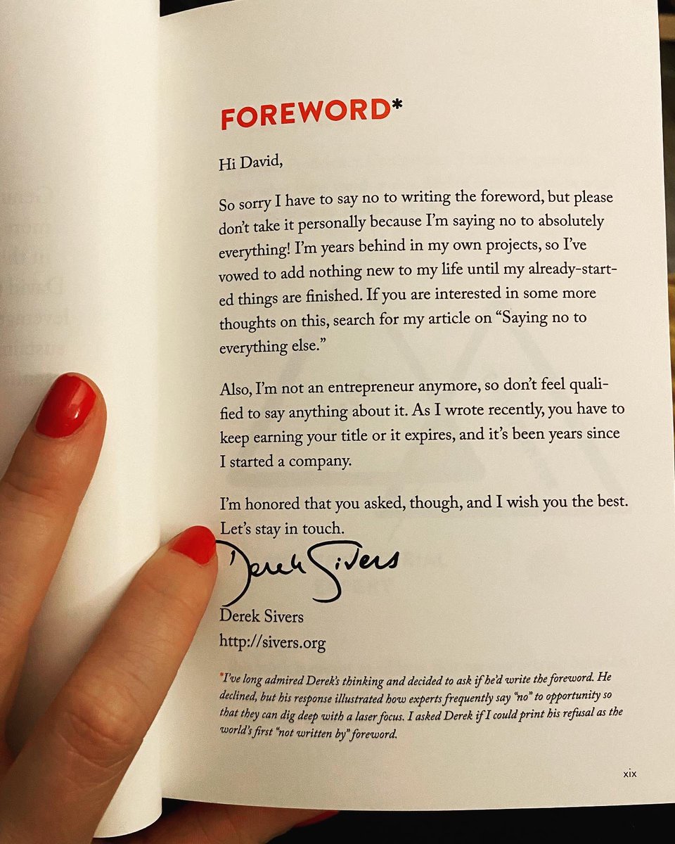 I’m currently reading “The Business of Expertise” by David C. Baker and I came across the most original foreword page I’ve seen so far. It’s an email that says ‘no’ to writing a foreword. But it’s such a gentle, purposeful ‘no’ it had to get on print. I 💜 it.