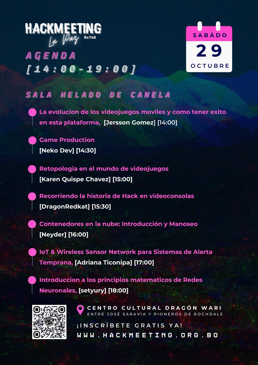 El sábado 29 de octubre habrán varias charlas #Hackmeeting #0x7e6 #Bolivia #LaPaz
No olvides registrarte: 0x7e6.hackmeeting.org.bo