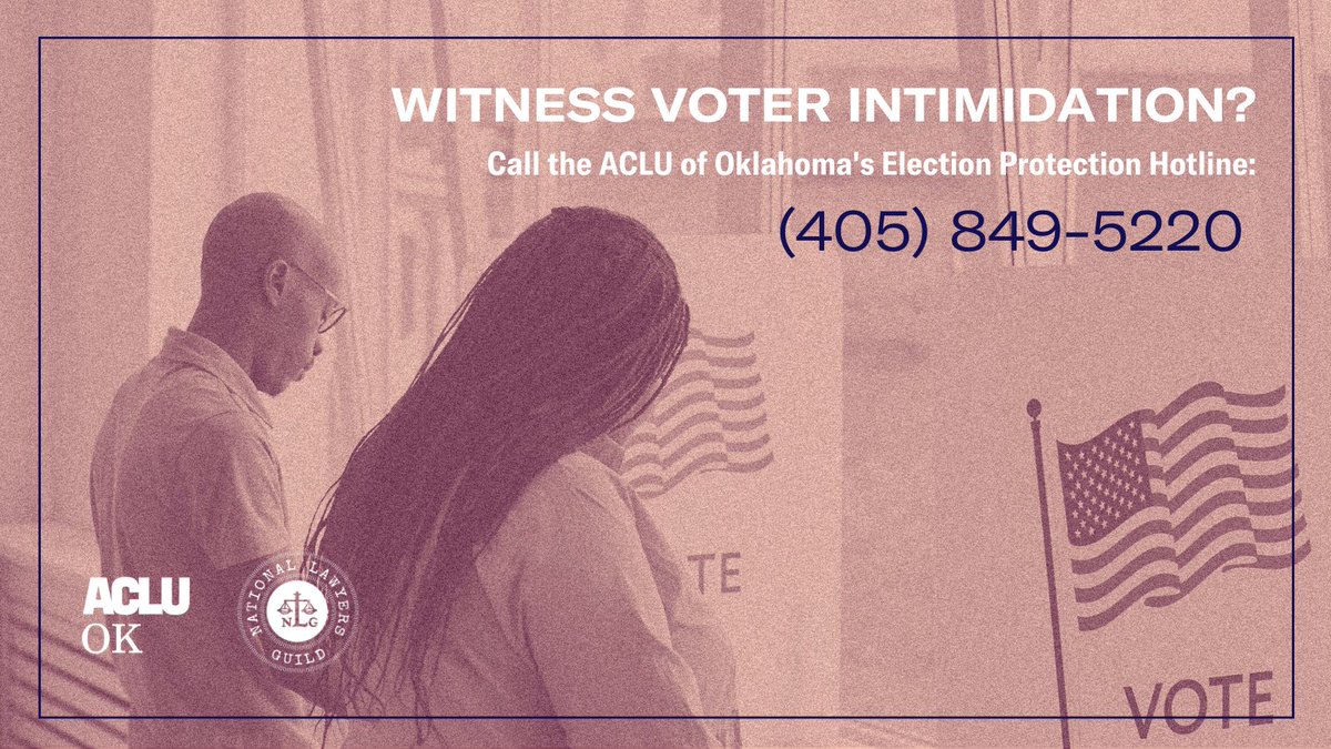 ACLUOK's tweet photo. Early voting for the Oklahoma Election 2022 starts Wednesday, November 2.  
 
If you are turned away, denied a ballot, experience voter intimidation or any other problems, please call our Election Protection Hotline at 405-849-5220. https://t.co/H69MV4LHa8