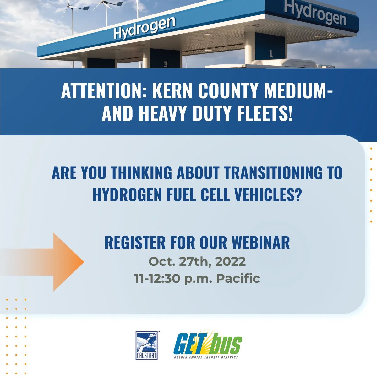 CATALYSTMOBLTY's tweet photo. Attention Kern County #MediumDuty &amp; #HeavyDuty fleets!

You're invited to join the discussion with CALSTART on Oct. 27 at 11am. This meeting will include discussions on NEW hydrogen #fuelingstations, #funding opportunities, and more.

Register now: https://t.co/jvtHFuDolj https://t.co/iaqCkrFtTR