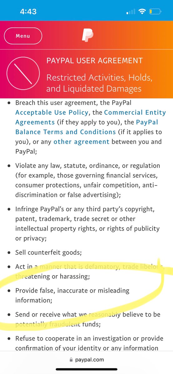 Close ur @Paypal. This is 💯accurate. 
@PayPal
 will steal $2500 from you if they feel you’ve said something they deem as “misleading”. They lied when they said that policy was an accident. It’s still in place. #BoycottPayPal #Thieves 
@AskPayPal