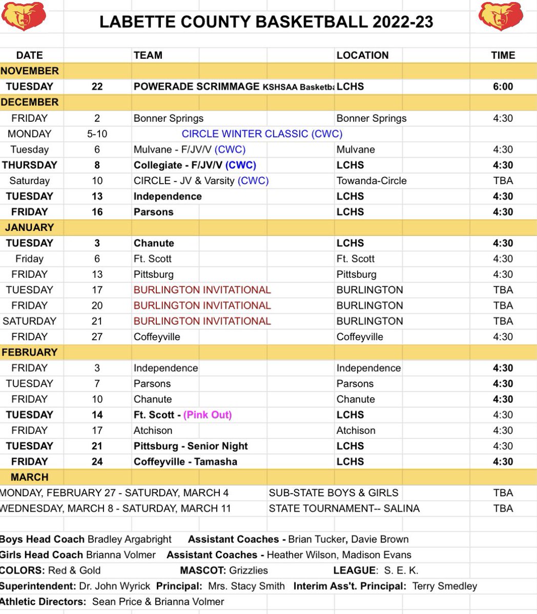 Here is the Labette County High School 22-23 Basketball schedule! #playinspired #playhungry