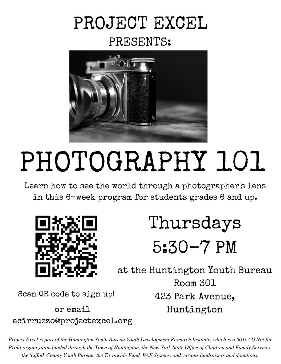 ProjectExcelHYB's tweet image. Are you a photographer or do you want to learn photography skills?
Join Project Excel for Photography 101. This program is FREE and open to youth ages grades 6 through 12 residing in the Town of Huntington! Call (631) 271-5499 with questions or to register!