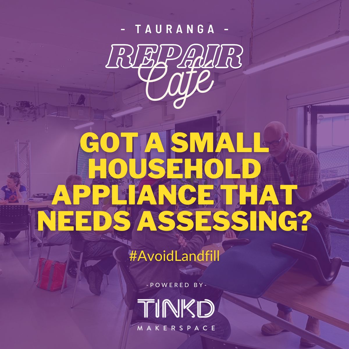 tinkdmakerspace's tweet photo. Have you got a small household appliance that's broken/needs a repair? Our team of volunteer repairers are ready to assess and attempt a repair! Come to the #RepairCafeTauranga on Saturday 29th October at 09:30am and let's #AvoidLandfill. Go to website: https://t.co/w3S9G2FkJz https://t.co/koQikF6F6C