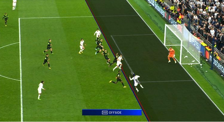 Harry Kane ahead of the ball.... 😬 Haven't seen any 3D visualisation version but: 'The ball went backwards!' Eric Dier said. The direction a ball is played is irrelevant for offside. The deflection is also not a deliberate play so doesn't reset Kane's offside position.