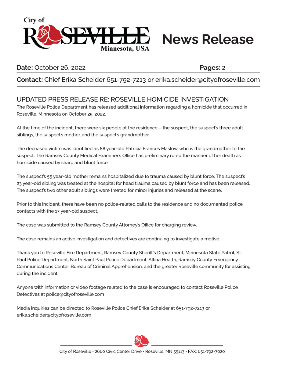 Roseville, MN Police on Twitter "For Immediate Release Additional