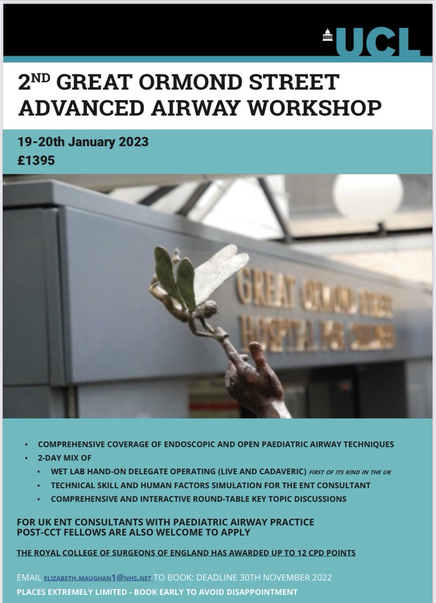 The Great Ormond Street advanced airway workshop takes place in Jan 2023. Hands on wet-lab dissection with instruction from the experts. Highly recommended for Consultants and post CCT fellows. #airway