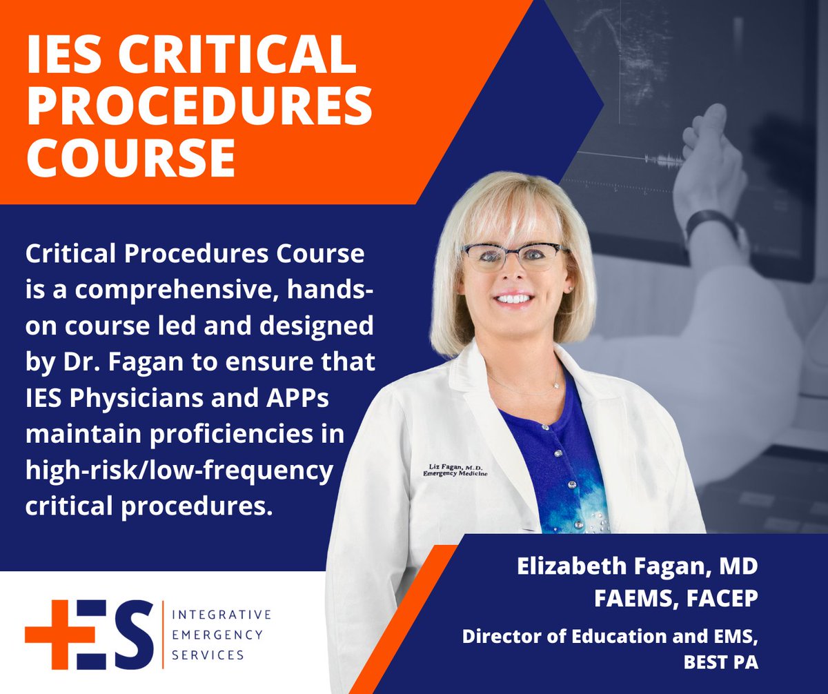IESHealthcare's tweet image. The Critical Procedures Course is a hands-on training event led by Elizabeth Fagan, MD, FAEMS, FACEP.

Click the link below to learn more about IES&apos;s Critical Procedures Course! 

ies.healthcare/ies-critical-p… 

#IES #IEShealthcare #IESevents #IESCPC