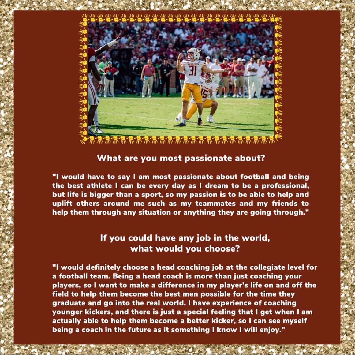 UlmComm's tweet image. During his bye week, get to know Calum Sutherland! Calum is originally from Cumbernauld, Scotland. He is a communication major and kicker for the Warhawk football team! #ulmcommprogram @CalumSuth30