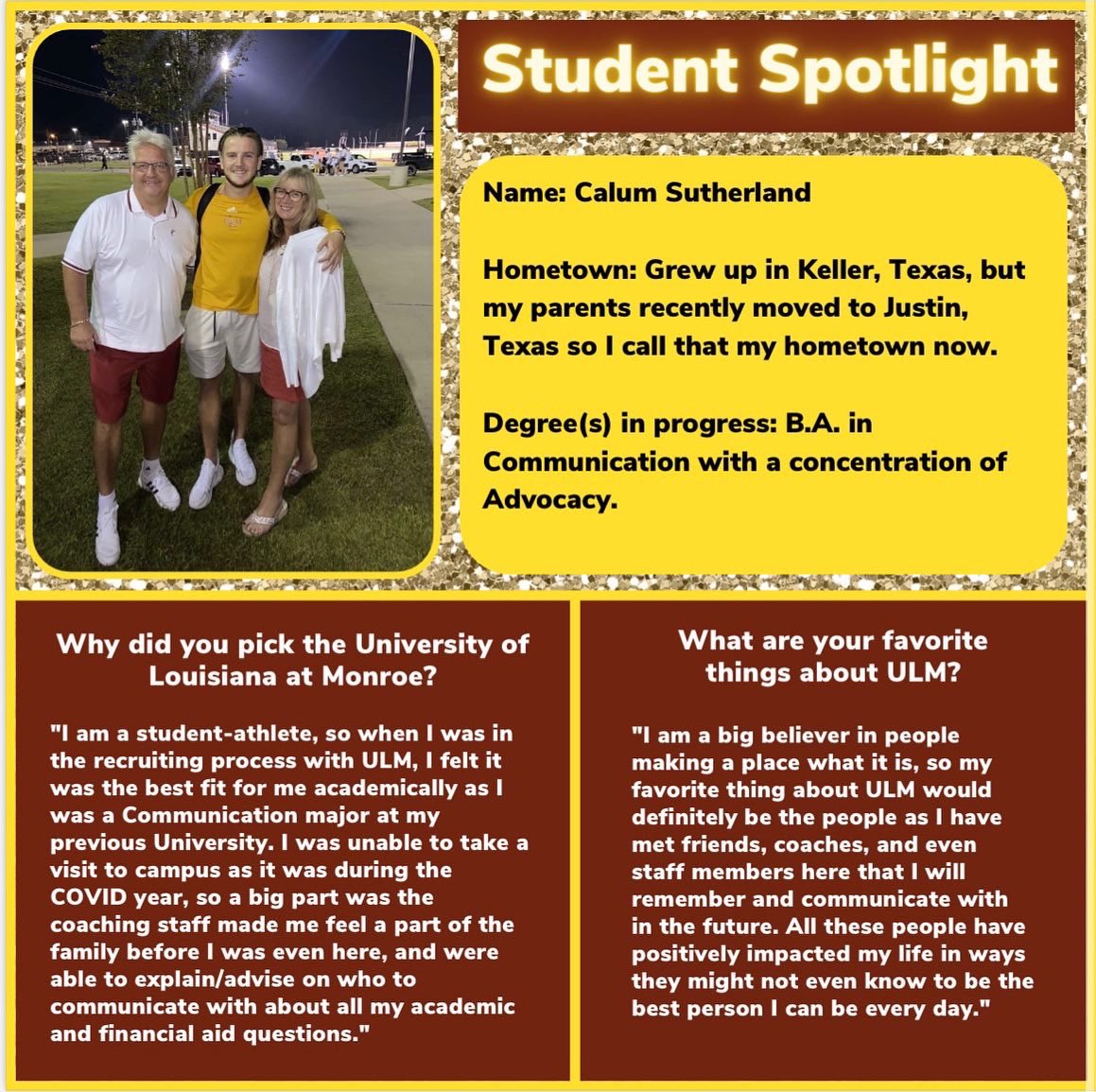UlmComm's tweet image. During his bye week, get to know Calum Sutherland! Calum is originally from Cumbernauld, Scotland. He is a communication major and kicker for the Warhawk football team! #ulmcommprogram @CalumSuth30