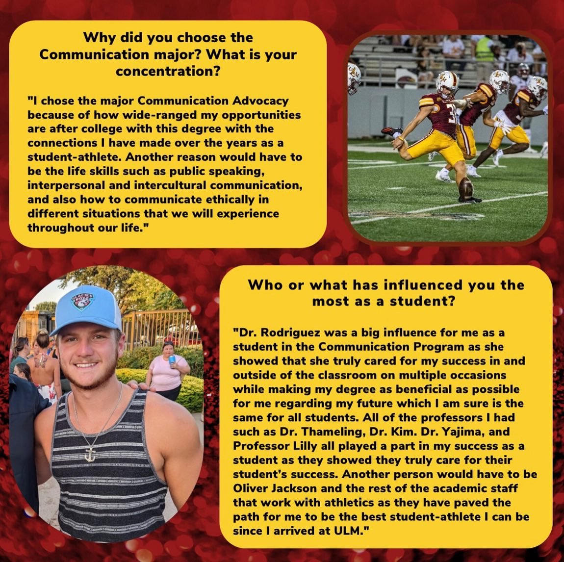 UlmComm's tweet image. During his bye week, get to know Calum Sutherland! Calum is originally from Cumbernauld, Scotland. He is a communication major and kicker for the Warhawk football team! #ulmcommprogram @CalumSuth30